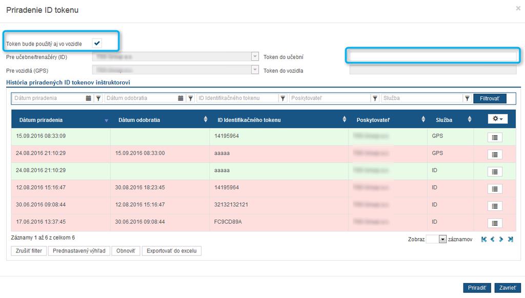 Obr. 11 Priradenie ID tokenu Priradený token je graficky odlíšený zelenou farbou. Priradený token je možné odobrať cez Zoznam akcií - akcia Odobrať.