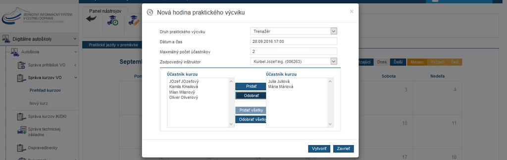 a. Dátum a čas, inštruktor a výcvikové vozidlo, na ktorom sa má výcvik realizovať Obr.