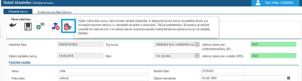12 PRESUN ÚČASTNÍKA MEDZI KURZAMI Účastníkov kurzu je možné presúvať z jedného kurzu do druhého za určitých podmienok. A to tak, že si vyberieme cieľový kurz kam chceme zaradiť účastníka kurzu.