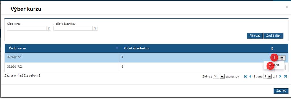 Cez akciu Vybrať označíte kurz, do ktorého ho chcete zaradiť. Po zaradení sa Vám zobrazí detail kurzu. Nezabudnite účastníkovi priradiť token/y.