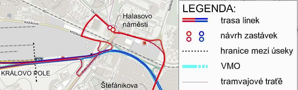 4.7.3. Možnosti vedení trasy V této oblasti považuji za důležité přestupní uzly Tomkovo náměstí a Halasovo náměstí, případně ještě točnu tramvaje na Merhautově.