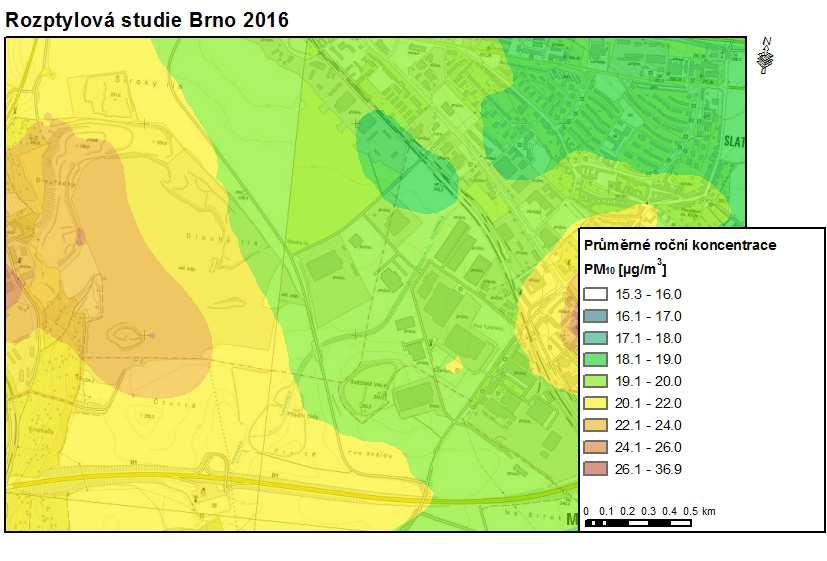 Grafické znázornění imisní zátěže okolí hodnoceného záměru dle Rozptylové studie Města Brna je znázorněno na následujících obrázcích: Nejvyšší průměrné roční koncentrace PM 10 jsou v prostoru záměru