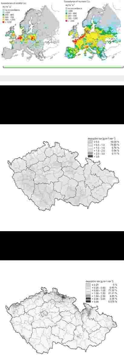 Prekrocení kritických záteží Oblasti kde jsou prekroceny kritické záteže pro aciditu (vlevo) a dusík (vpravo) v roce