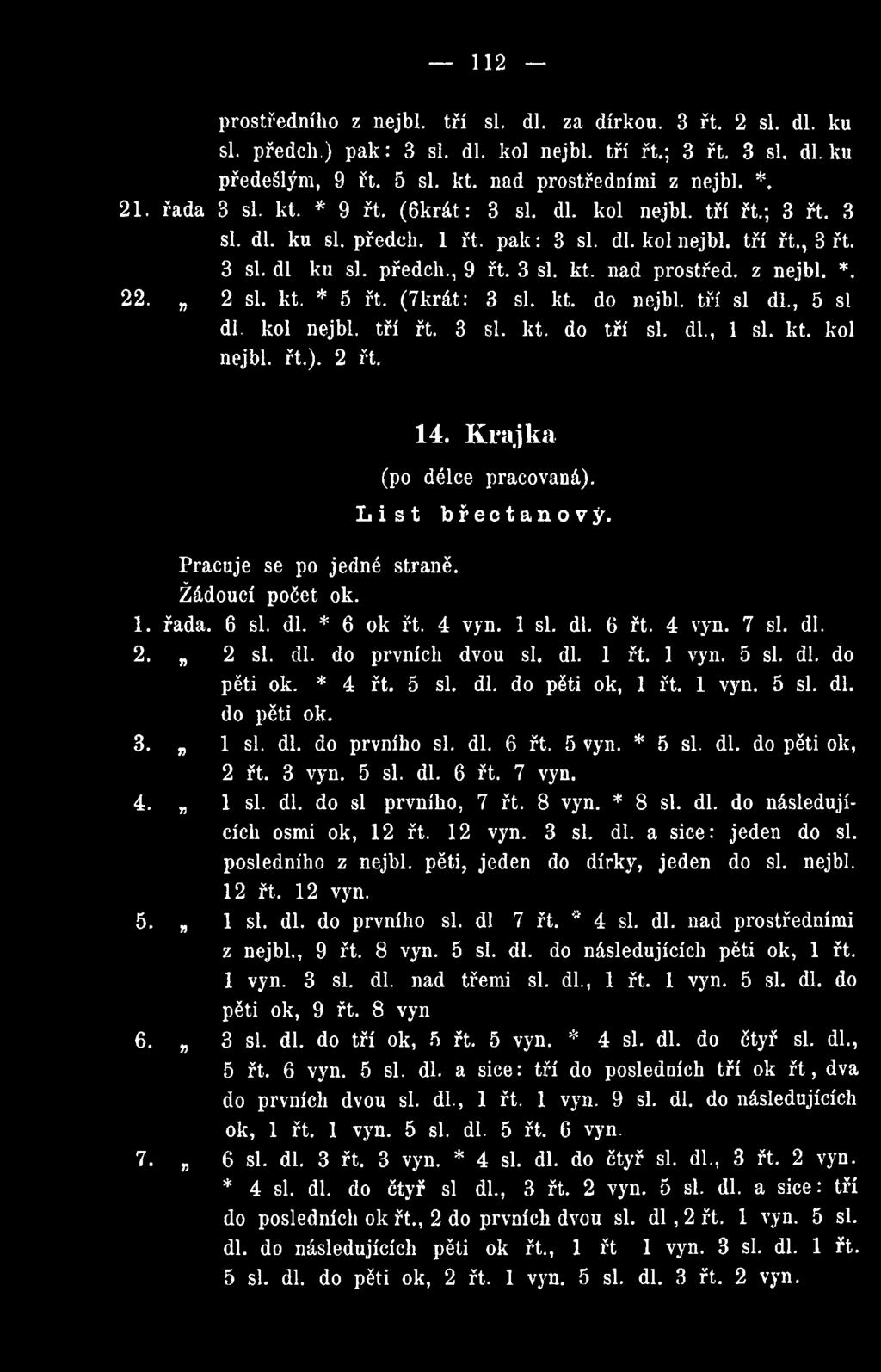 *. 22. 2 si. kt. * 5 řt. (7krát: 3 si. kt. do nejbl. tří si dl., 5 si dl. kol nejbl. tří řt. 3 si. kt. do tří si. dl., 1 si. kt. kol nejbl. řt.). 2 řt. 14. Krajka (po délce pracovaná).