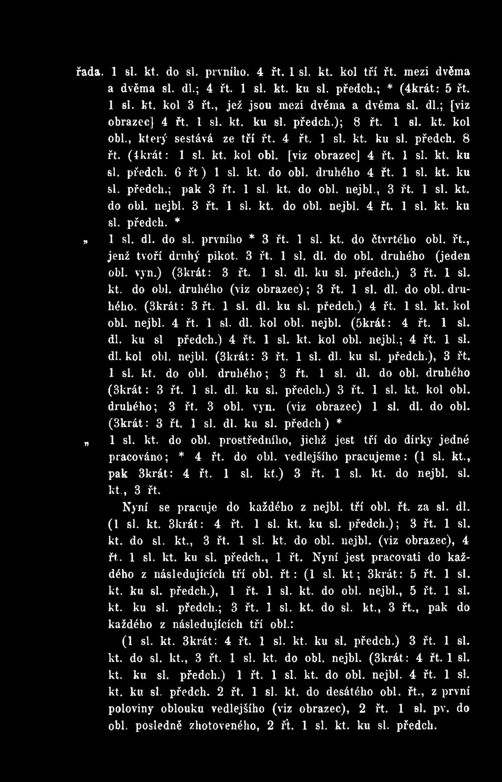 1 si. dl. do obl. druhého. (3krát: 3 řt. 1 si. dl. ku si. předch.) 4 řt. 1 si. kt, kol obl. nejbl. 4 řt, 1 si. dl. kol obl. nejbl. (5krát: 4 řt. 1 si. dl. ku si předch.) 4 řt. 1 si. kt, kol obl. nejbl.; 4 řt.