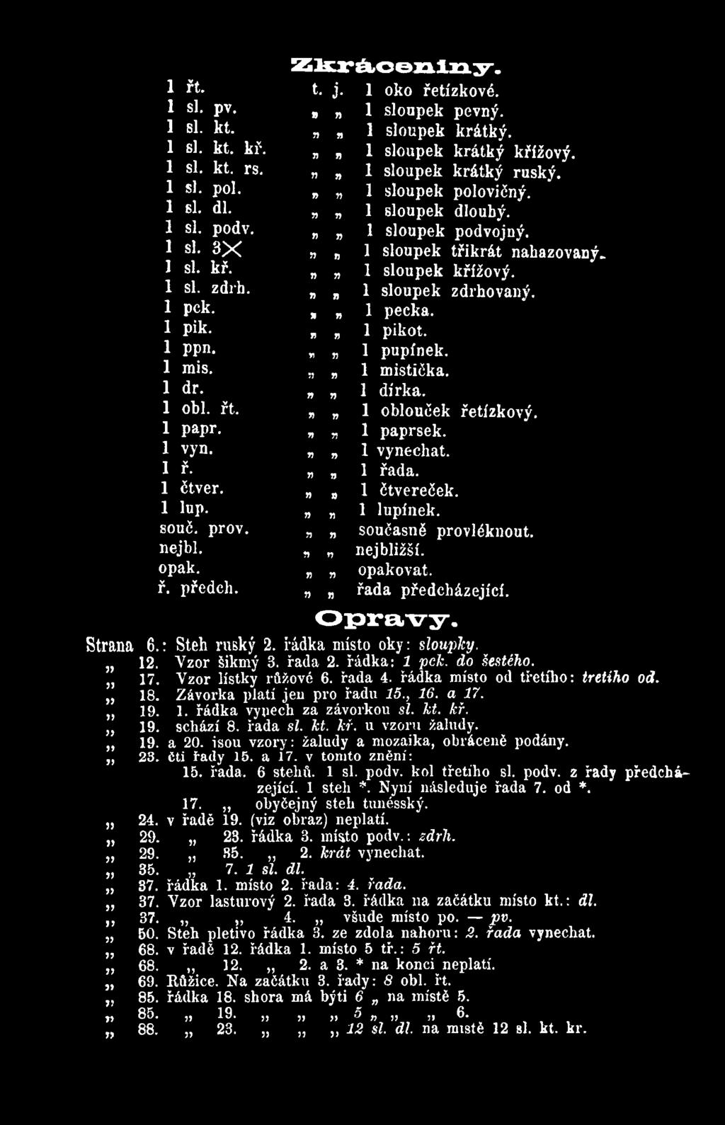 n n řada předcházející. Opravy. Strana 6.: Steh ruský 2. řádka místo oky: sloupky. 12. Vzor šikmý 3. řada 2. řádka: 1 pck. do šestého. 17. Vzor lístky růžové 6. řada 4.