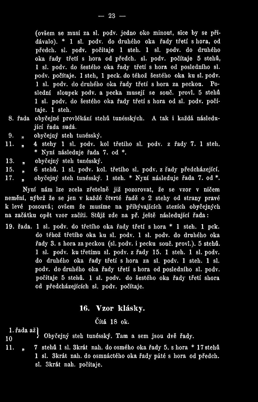 Poslední sloupek podv. a pecka musejí se souč. provl. 5 stehů 1 si. podv. do šestého oka řady třetí s hora od si. podv. počítaje. 1 steh. 8. řada obyčejné provlékání stehů tunésských.