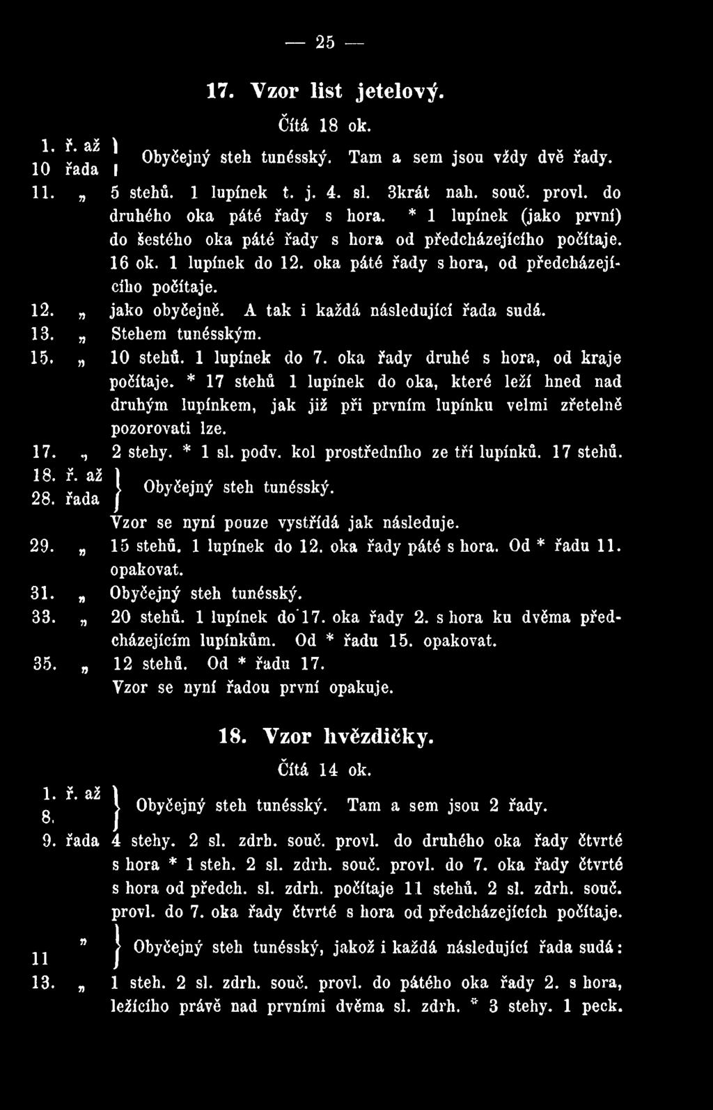 A tak i každá následující řada sudá. 13. Stehem tunésským. 15. 10 stehů. 1 lupínek do 7. oka řady druhé s hora, od kraje počítaje.