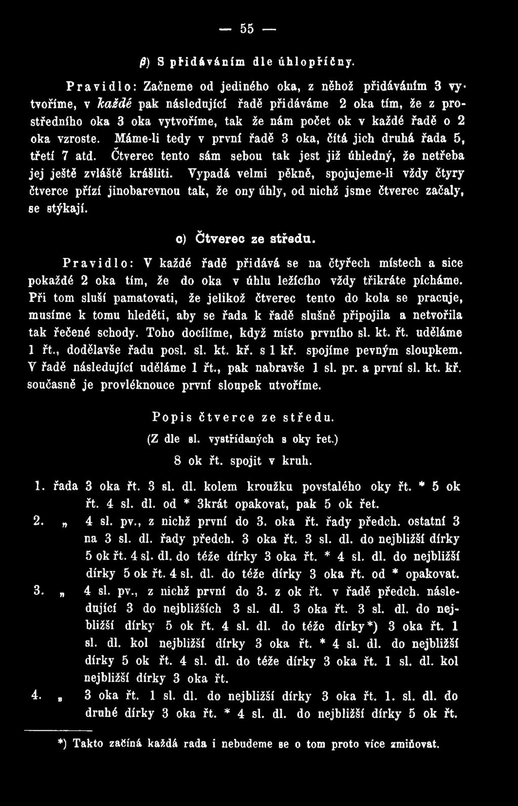 vzroste. Máme-li tedy v první řadě 3 oka, čítá jich druhá řada 5, třetí 7 atd. Čtverec tento sám sebou tak jest již úhledný, že netřeba jej ještě zvláště krášliti.