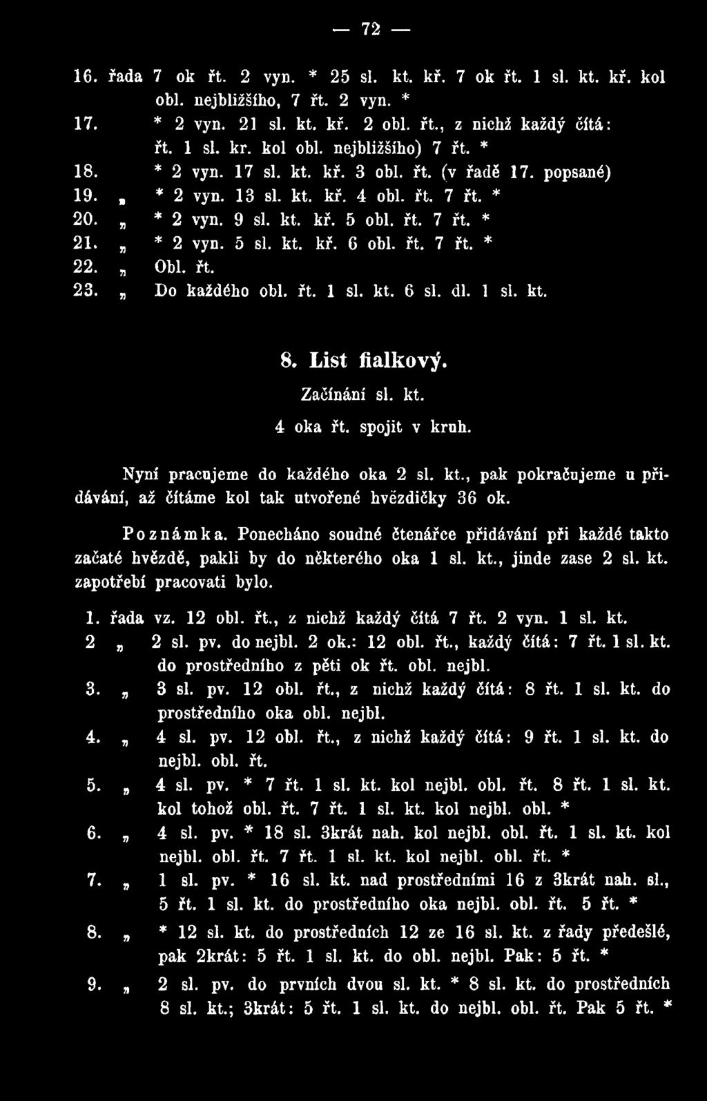 ti Obl. řt. 23. ti Do každého obl. řt. 1 si. kt. 6 si. dl. 1 si. kt. 8. List fialkový. Začínání si. kt. 4 oka řt. spojit v kruh. Nyni pracujeme do každého oka 2 si. kt., pak pokračujeme u přidávání, až čítáme kol tak utvořené hvězdičky 36 ok.