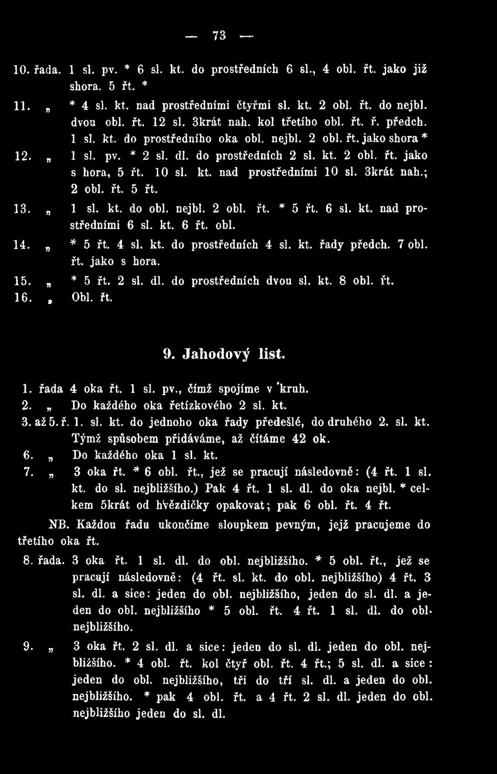 3krát nah.; 2 obl. řt. 5 řt. 13. 1 si. kt. do obl. nejbl. 2 obl. řt. * 5 řt. 6 si. kt. nad prostředními 6 si. kt. 6 řt. obl. 14. '* 5 řt. 4 si. kt. do prostředních 4 si. kt. řady předch. 7 obl. řt. jako s hora.