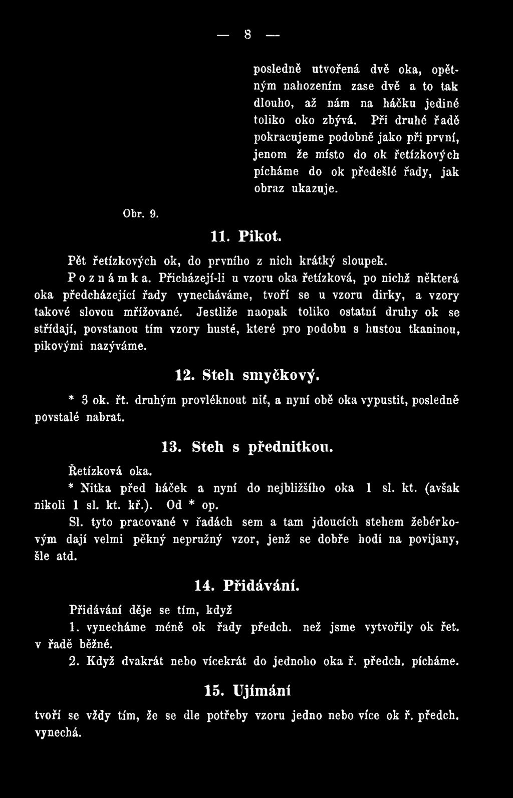 Jestliže naopak toliko ostatní druhy ok se střídají, povstanou tím vzory husté, které pro podobu s hustou tkaninou, pikovými nazýváme. 12. Steh smyčkový.