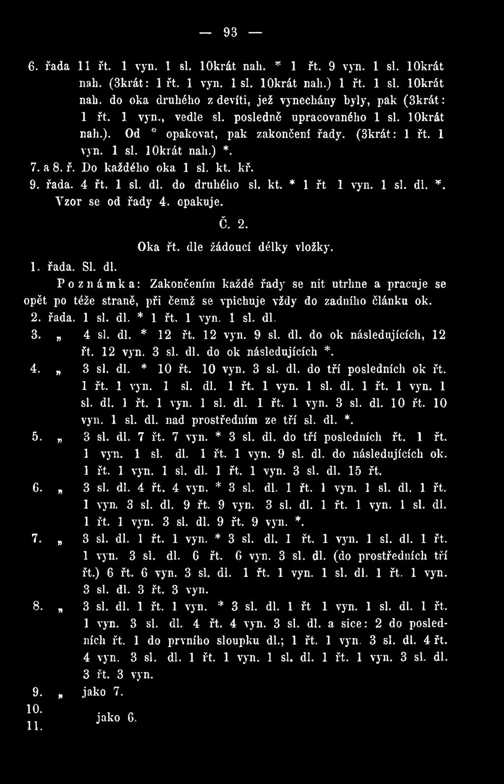 do druhého si. kt. * 1 řt 1 vyn. 1 si. dl. *. Yzor se od řady 4. opakuje. Č. 2. Oka řt. dle žádoucí délky vložky. 1. řada. SI. dl. Poznámka: Zakončením každé řady se nit utrhne a pracuje se opět po téže straně, při čemž se vpichuje vždy do zadního článku ok.