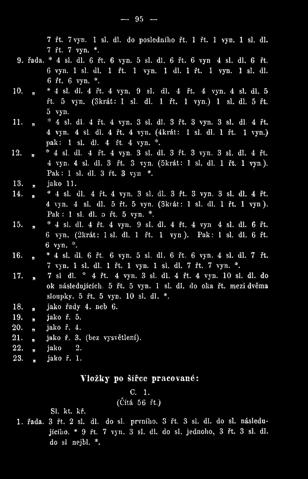 dl. 1 řt. 1 vyn.) pak: 1 si. dl. 4 řt. 4 vyn. *. 12. * 4 si. dl. 4 řt. 4 vyn. 3 si. dl. 3 řt. 3 vyn. 3 si. dl. 4 řt. 4 vyn. 4 si. dl. 3 řt. 3 vyn. (Skrát: 1 si. dl. 1 řt. 1 vyn.). Pak: 1 si. dl. 3 řt. 3 vyn *.