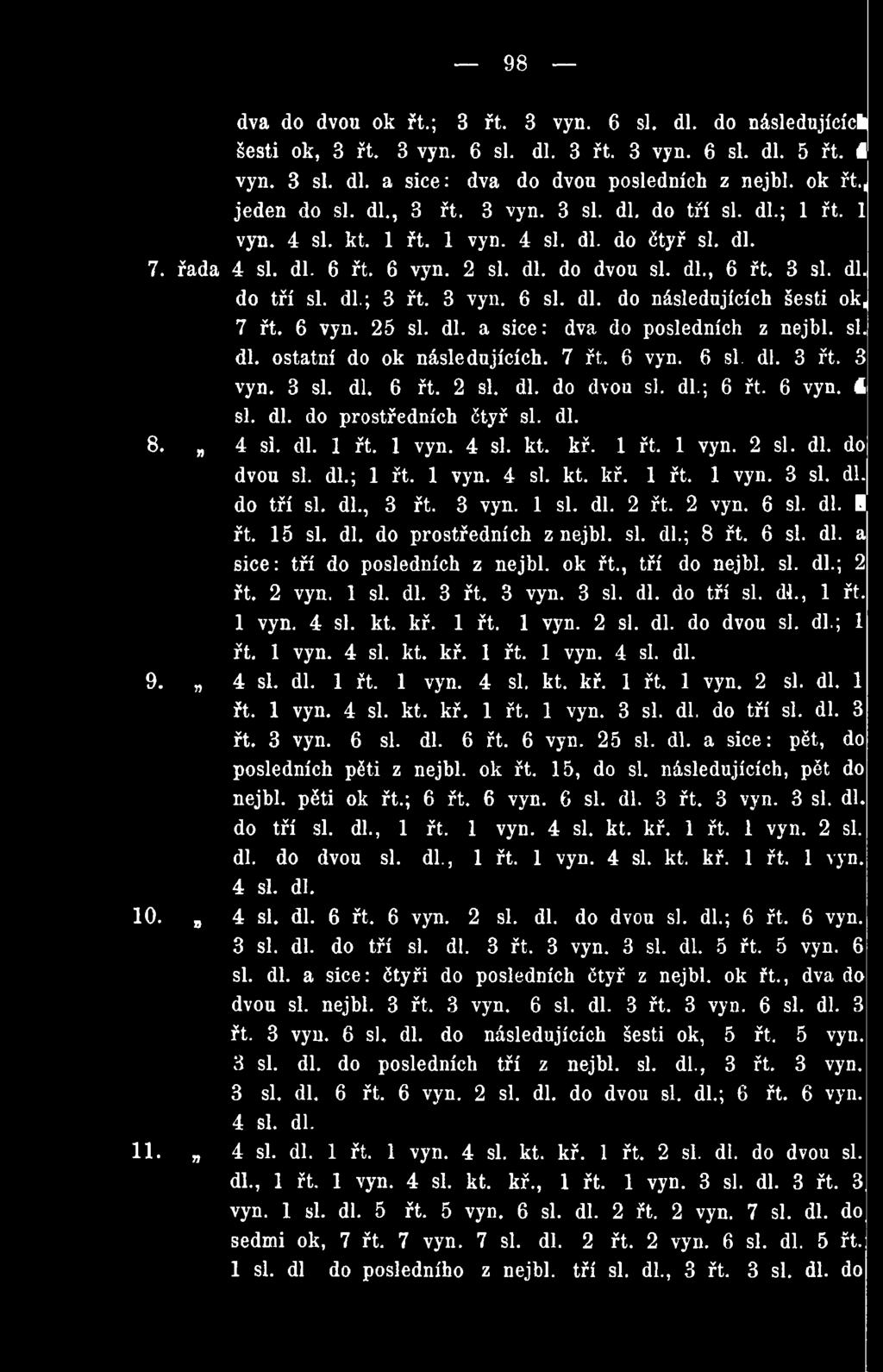 dl. do tří si. dl., 3 řt. 3 vyn. 1 si. dl. 2 řt. 2 vyn. 6 si. dl. 8 řt. 15 si. dl. do prostředních z nejbl. si. dl.; 8 řt. 6 si. dl. a sice: tří do posledních z nejbl. ok řt., tří do nejhl. si. dl.; 2 řt.