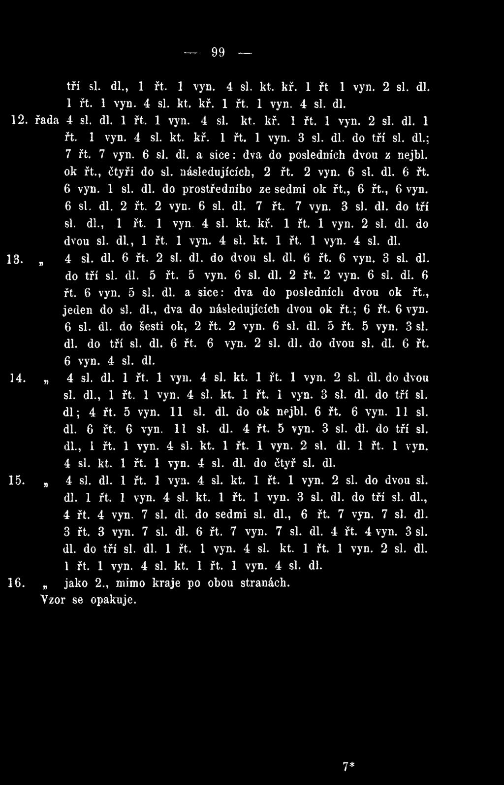 dl., dva do následujících dvou ok řt.; 6 řt. 6 vyn. 6 si. dl. do šesti ok, 2 řt. 2 vyn. 6 si. dl. 5 řt. 5 vyn. 3 si. dl. do tří si. dl. 6 řt. 6 vyn. 2 si. dl. do dvou si. dl. 6 řt. 6 vyn. 4 si. dl. 14.