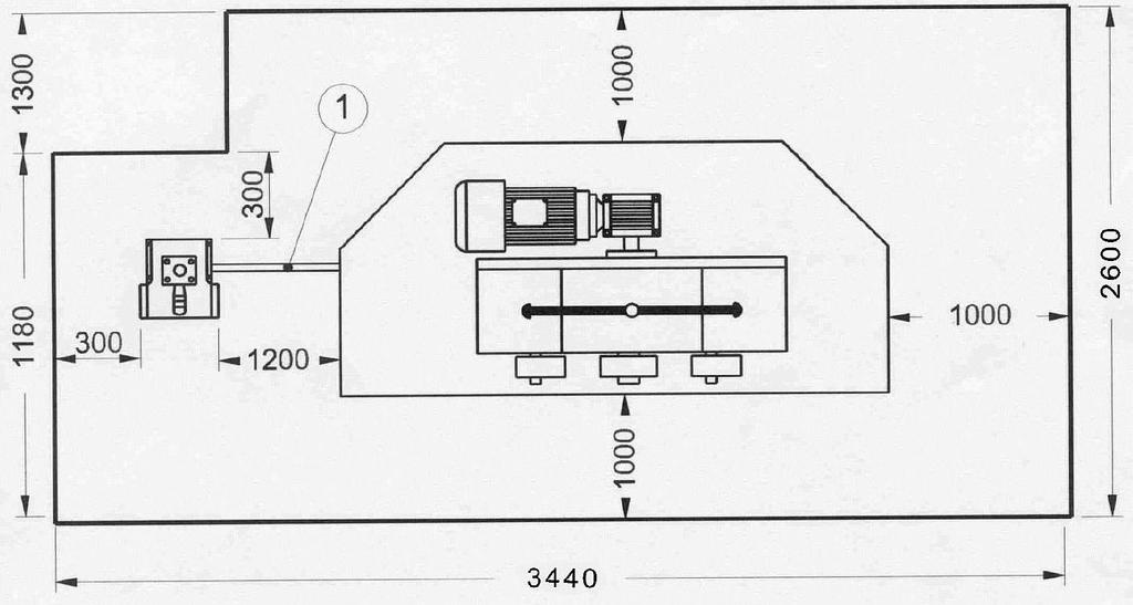 Montáž Obr. 7: Rozměry pracoviště zakružovačky PRM 30 F pro použití v horizontální poloze Pro překlopení strojní hlavy do horizontální polohy postupujte následovně: Krok 1: Vyšroubujte šroub 1 (obr.