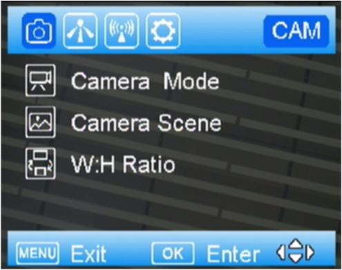 Uovision UV 785 HD Obrázek 15: Displej po stisku tlač. MENU Obrázek 16: Režim foto / video Tlačítkem se pohybujete mezi symboly na horní liště, zatímco tlač. se pohybujete v menu pod záložkou.