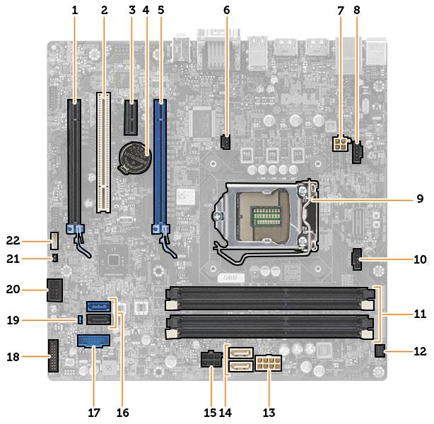 slot PCI Express x16 6. konektor spínače proti neoprávněnému vniknutí 7. 4kolíkový konektor kabelu napájení CPU 8.