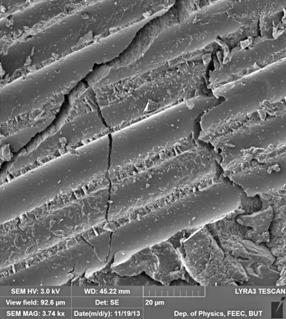 Obr. 12.20 Snímek SEM trhliny a lom matrice, obnažená lůžka po vláknech. Obr. 12.21 Snímek SEM šíření trhliny po rozhraní mezi matricí a vláknem.