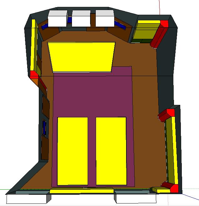 2.5 Simulace po úpravě Pro účely simulace byl vytvořen druhý 3D model prostoru, ve kterém jsou zakomponovány všechny akustické prvky, které byly realizovány (jejich návrh je obsahem třetí kapitoly).