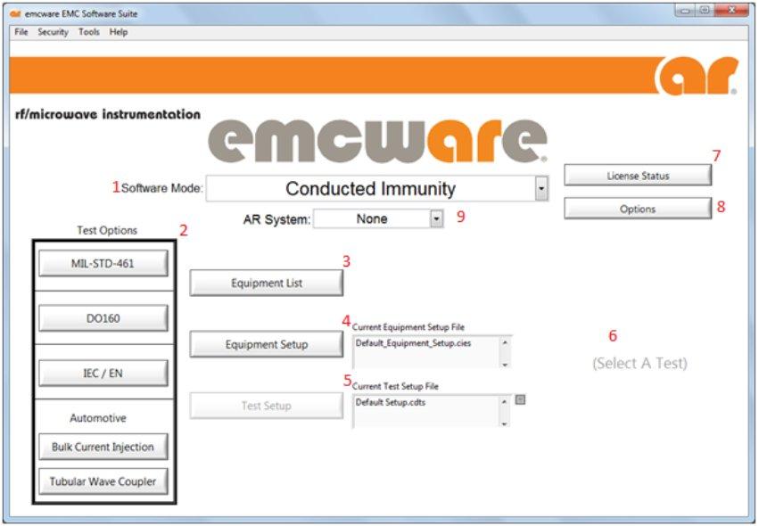 2.2 Hlavní nabídka programu Obr 2.2.1 Hlavní nabídka softwaru emcware Na Obr 2.2.1 se nachází hlavní nabídka pro software emcware, kde jednotlivé prvky představují: Výběr režimu (1), kde je možnost výběrů z daných režimů již výše zmiňovaných v úvodu kapitoly.