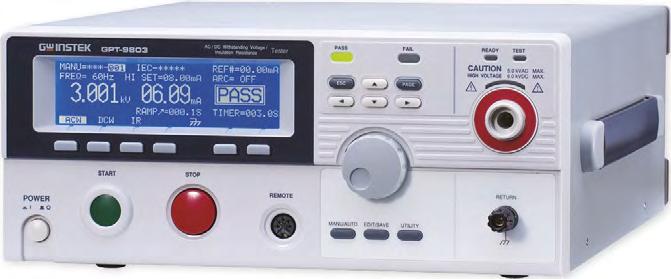 TESTER PŘILOŽENÝM NAPĚTÍM GOODWILL řada GPT-9800 Výkon 200 VA Detekce oblouku AC test (0,1 5 kv); DC test 0,1 6 kv (kromě GPT-9801) Rozlišení 2 V u AC i DC testu Test izolačního odporu (pouze