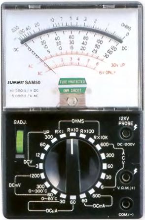 ANALOGOVÝ MULTIMETR SAM 50 SUMMIT Analogová stupnice podložená zrcátkem pro přesné odečítání Měření stejnosměrných a střídavých napětí, stejnosměrných proudů do 600 ma a odporů Se speciálními