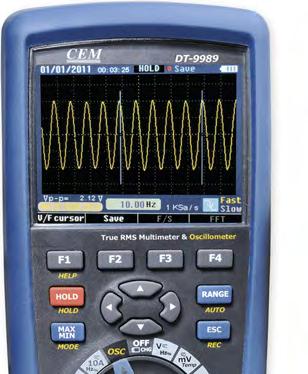 TRMS MULTIMETR + OSCILOSKOP CEM DT-9989 Průmyslový True RMS multimetr s osciloskopickými funkcemi a TFT barevným LCD displejem Měří AC/DC napětí a proud, odpor, kapacitu, frekvenci, střídu, diody,