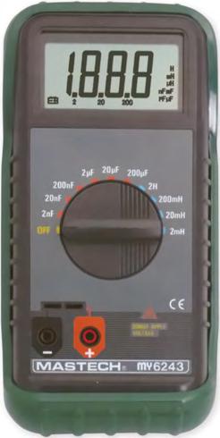 31,5 mm; hmotnost 300 g MS6013 Měřicí rozsahy Přesnost Kapacita 200 pf / 2 nf / 20 nf / 200 nf / 2 μf / 20 μf / 200 μf ±(0,5% MH + 1 dig.) 2000 μf ±(1% MH + 1 dig.) 20 mf ±(2% MH + 2 dig.