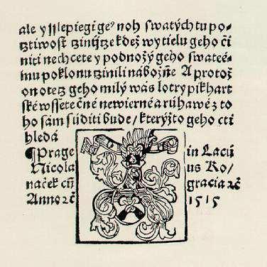 Významní tiskaři - Praha Významní tiskaři - Praha Mikuláš Konáč z Hodiškova - nakladatelský signet r. 1515 109 židovská tiskárna - r.