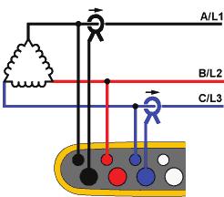 Power Logger Tlačítka výběru funkcí 2prvkový trojúhelník (Aron/Blondel) 3-Ф trojúhelník, otevřený Příklad: Připojení Blondel nebo Aron zjednodušuje připojení pouze dvou proudových konektorů.