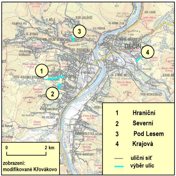 5 Výzkum urbanonym ve městě Děčín 47 Pomohou: A1 objekt / činnost (Radniční, Poštovní, U Nemocnice, K Nádraží) B1 blízké či vzdálené město, část města (Ústecká, Kamenická, Vilsnická, Žlebská) Mohou