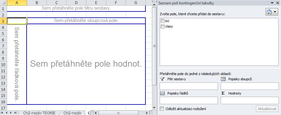 Obrázek 11: Vytváření kontingenční tabulky pozorovaných četností v Excelu nalezené kategorie abecedně).