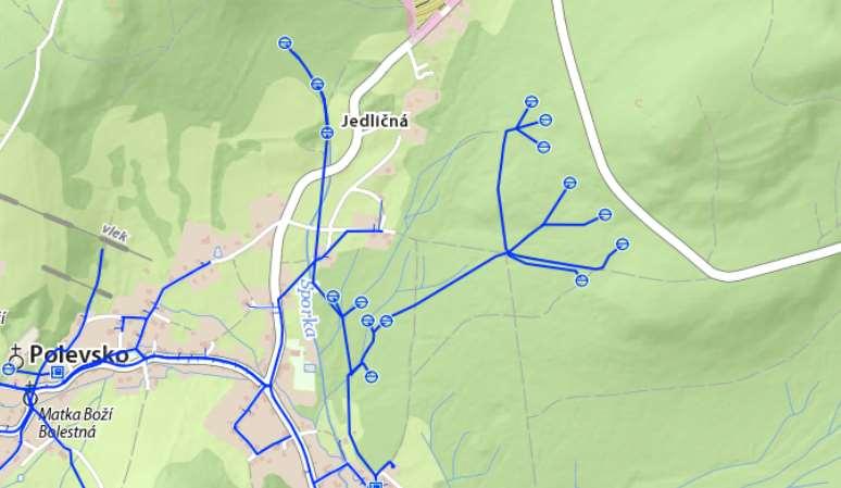 Ortofotomapa s vyznačenou lokalitou. Obr.č. 7. Mapa vodovodní sítě v oblasti Jedličné.