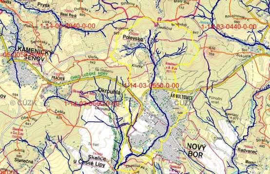B.1.3. Hydrologické poměry lokality Obr.č. 19. Výřez mapy povodí 1 : 50 000, list 02-24 Nový Bor. Zájmové území je odvodňováno tokem říčky Šporky a jejími bezejmennými přítoky č.