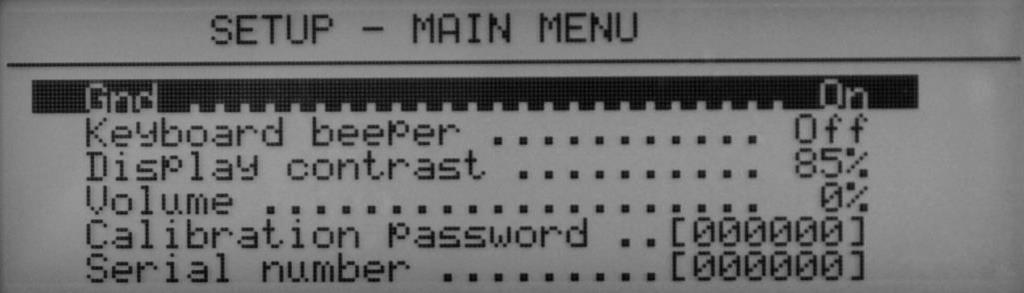 Testovací kabely dodávané s kalibrátorem jsou použitelné pro aplikace do 5kVDC. Použijte testovací kabeláž dodávanou s UUT pro testování na vyšším napětí. 5. Setup menu Kalibrátor M191 umožňuje nastavení a zobrazení řady dalších, méně frekventovaných parametrů.