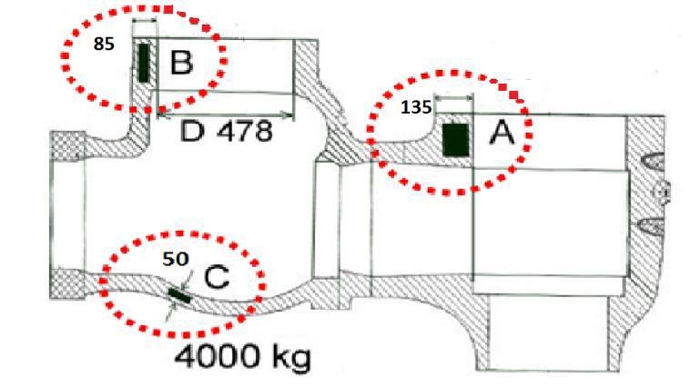 Obr. 8 Schéma vysokotlakého ventilu z oceli CB2[12] Z vybraných míst byly zhotoveny zkušební vzorky pro zkoušky tečení. Do Výzkumného a zkušebního ústavu Plzeň (VZÚ Plzeň s.r.o.) byly zadány vzorky ze dvou míst, a to vzorky z místa A a z místa B, na kterých byly provedeny zkoušky tečení.