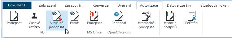 6.6.1. Podpis dokumentu s vizualizací Chcete-li do dokumentu vložit podpis s vizualizací, otevřete si klepnutím na záložku Autorizace příslušnou tlačítkovou lištu.