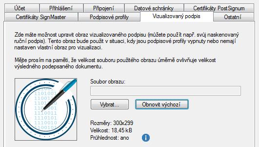 Klepnutím na tlačítko Vybrat se otevře známý dialog pro výběr souborů. Jeho pomocí zvolte soubor s obrázkem vizualizovaného podpisu. Obrázek se vykreslí v náhledovém okénku v levé části dialogu.