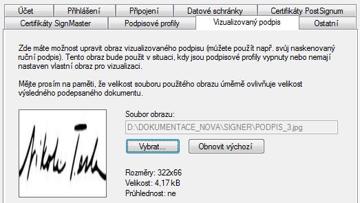 Předem si připravte soubor s podpisem vhodné velikosti (v některém z grafických formátů, například JPG či BMP). Klepnutím na tlačítko Vybrat se otevře dialog pro výběr souborů.