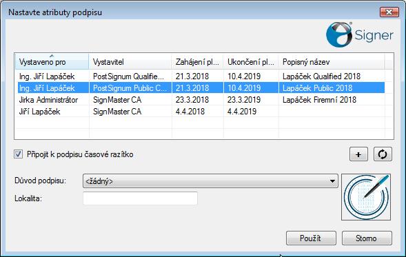 Vlastnosti profilu určíte v již známém dialogu Nastavte atributy podpisu, který otevřete tlačítkem Změnit atributy podpisu.