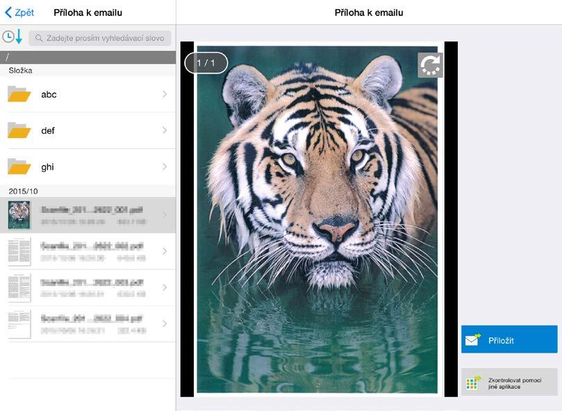 10 Příloha k e-mailu 10 Příloha k e-mailu Dokument uložený v této aplikaci je možné přiložit k e-mailu. Poznámka: Předtím je nutné nakonfigurovat e-mailovou aplikaci. I.