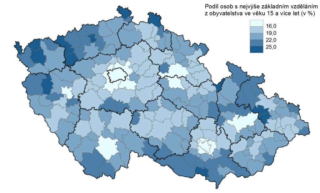 Základní vzdělání: Do základního vzdělání se zahrnují osoby s nejvyšším dosaženým základním vzděláním, neukončeným základním vzděláním a osoby bez vzdělání.