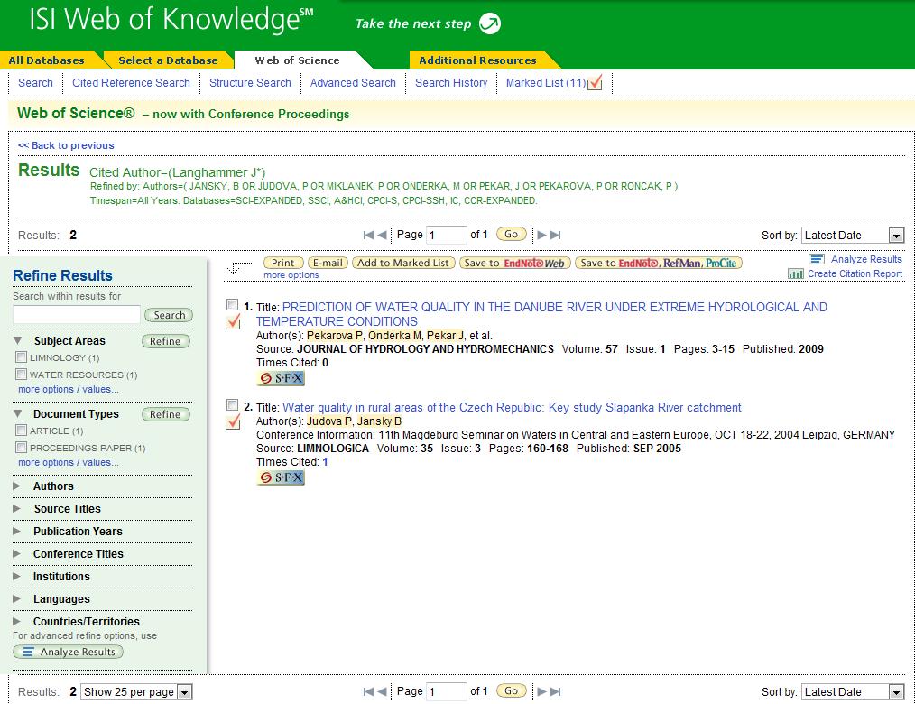Citační ohlasy v databázi Web of Science Uvedené záznamy