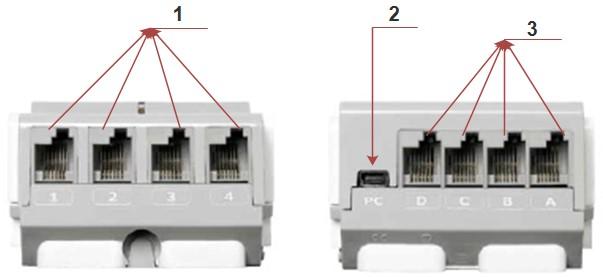 realizováno pomocí mini USB. Posledními porty na přední straně vývojového modulu jsou výstupní porty. Ty slouţí pro připojení motorů.