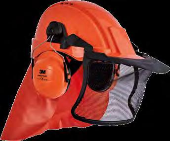 popular combination helmet comprising of: orange volite helmet with wheel ratchet, visor carrier, wire gauze and nter GP earmuffs (S: 25) and i-vis neck protection.