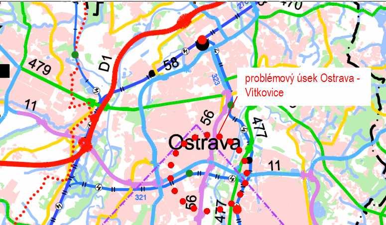 Obrázek 2.10 Problémový úsek příhraniční příčky Slezského kříže, průjezdní úsek silnice I/11, Ostrava Vítkovice Obrázek 2.