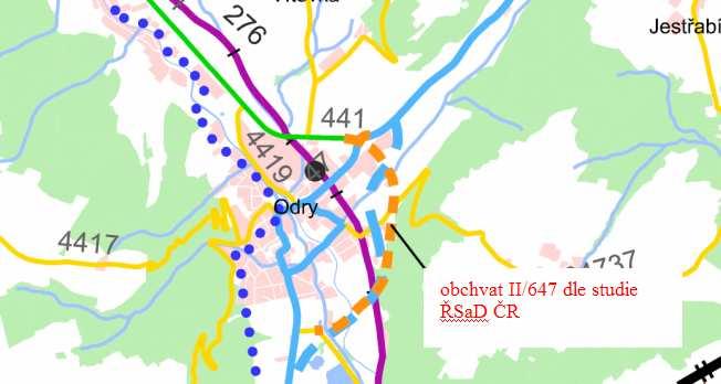 sledovaná trasa obchvatu Oder II/647 Studie: