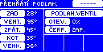 Aktuální teplota zpátečky 6. Aktuální teplota kotle (ÚT) 7. Aktuální venkovní teplota 8. Typ ventilu 9. Procento otevření 10. Provozní režim čerpadla ventilu 11. Stav čerpadla ventilu 12.